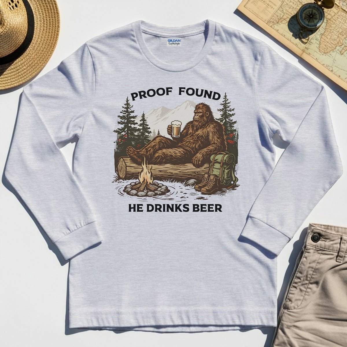 Funny Bigfoot "Proof Found He Drinks Beer" Camping Long Sleeve, Sasquatch Beer Lover Long Sleeve Tee For Campers 4