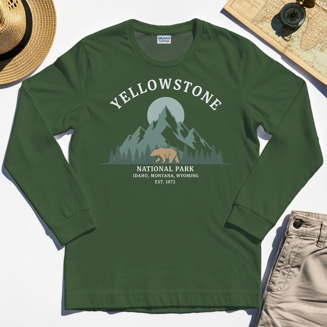 Yellowstone National Park Long Sleeve, Bear & Pines Mountain Graphic Long Sleeve Tee 1