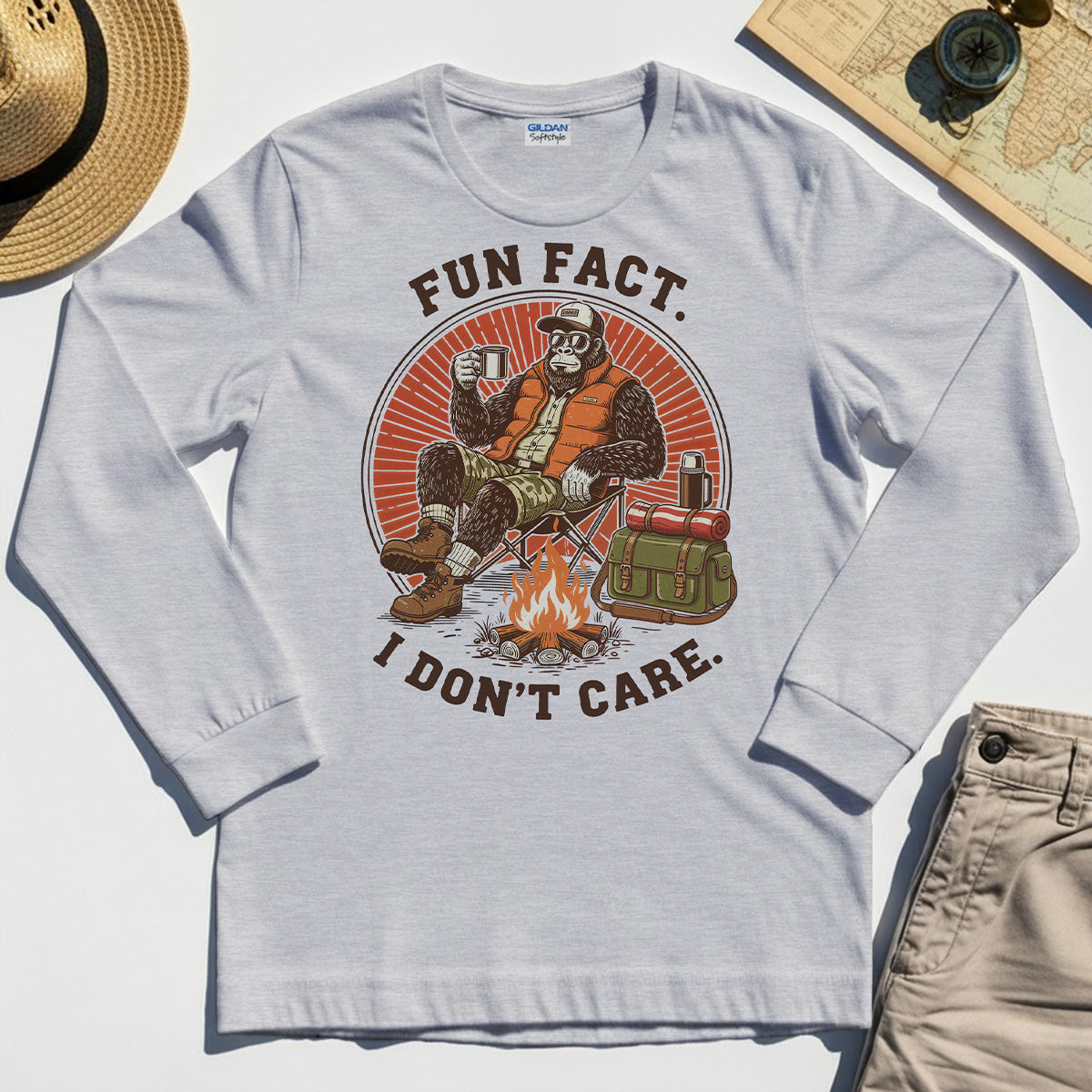 Funny Bigfoot Camping Long Sleeve, "Fun Fact I Don’t Care” 5