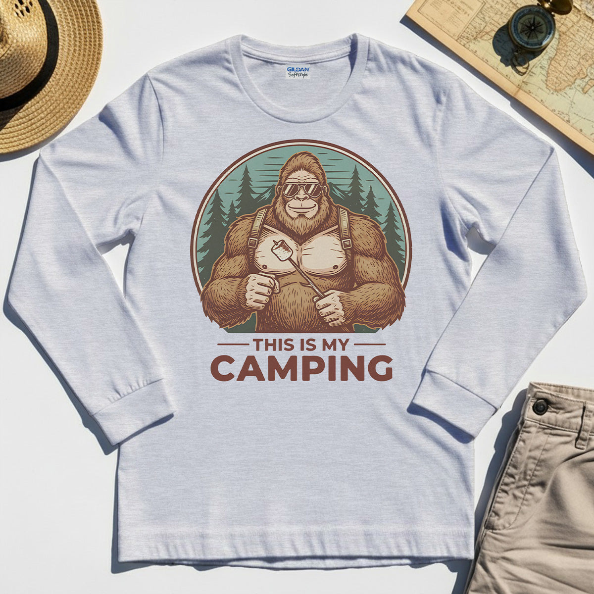 Funny Bigfoot Camping Long Sleeve Tee "This Is My Camping”, Sasquatch With Marshmallow Long Sleeve 5