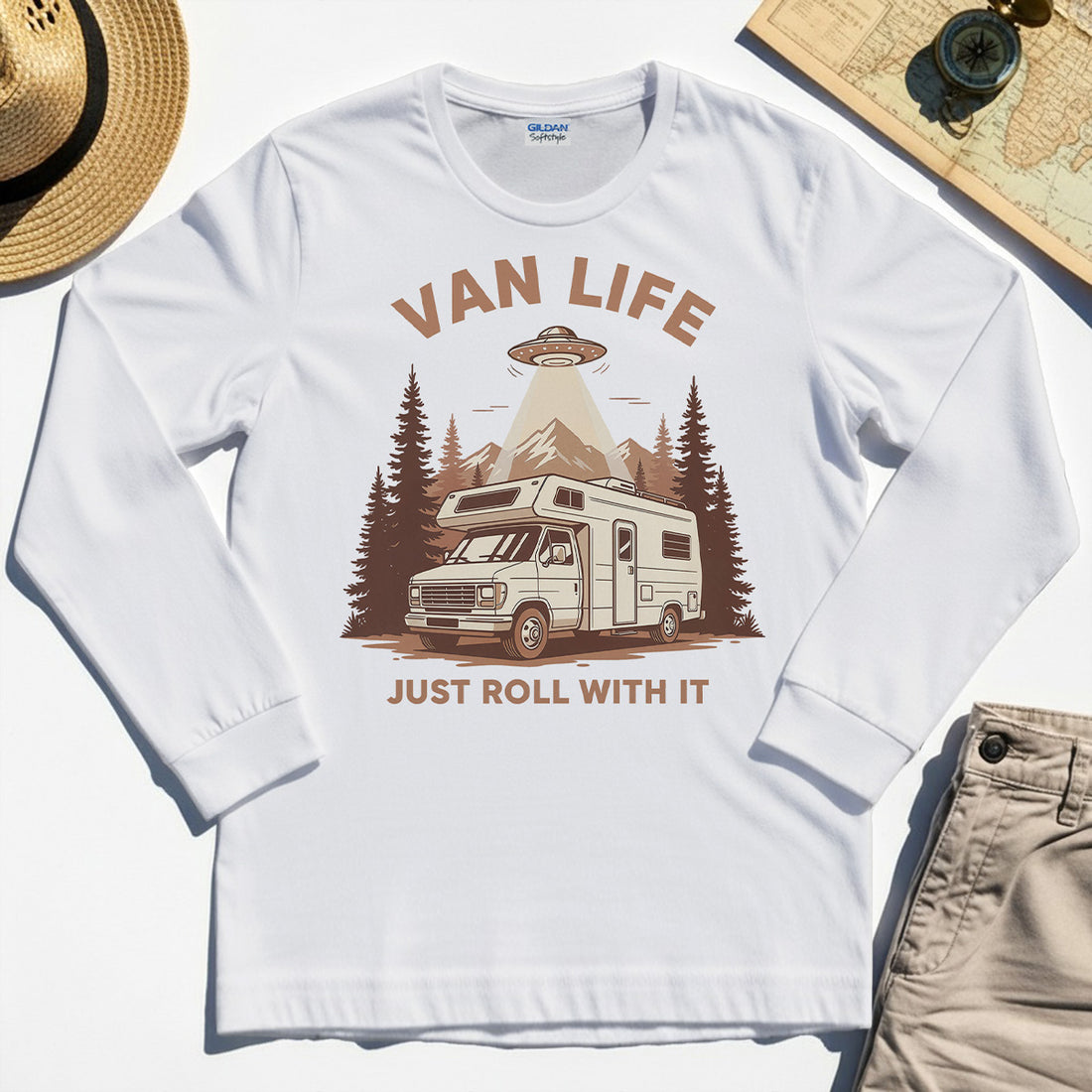 Just Roll With It Long Sleeve, Retro Camper Van Adventure Long Sleeve Tee For Camping Lovers 1