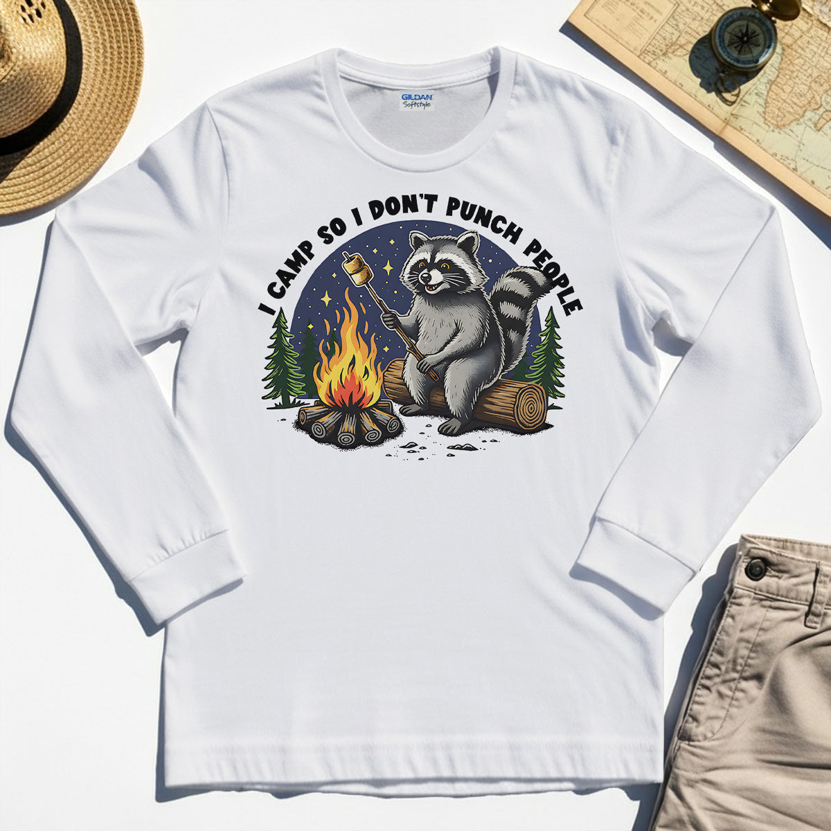 I Camp So I Don’t Punch People Long Sleeve, Funny Raccoon Marshmallow Campfire Long Sleeve Tee 8
