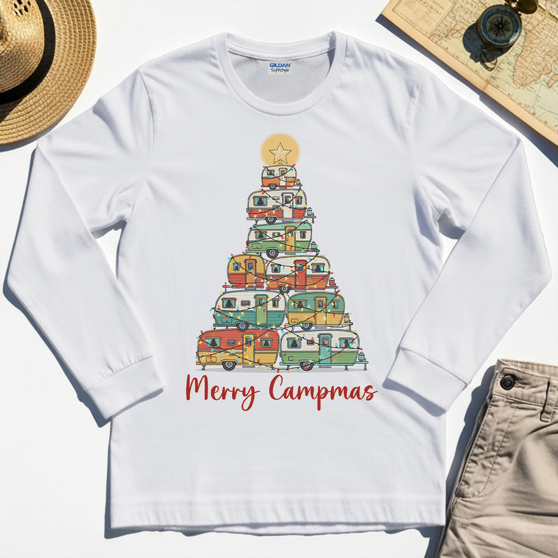Retro Camper Van Christmas Long Sleeve, Funny Holiday Camping Long Sleeve Tees For Men And Women 1