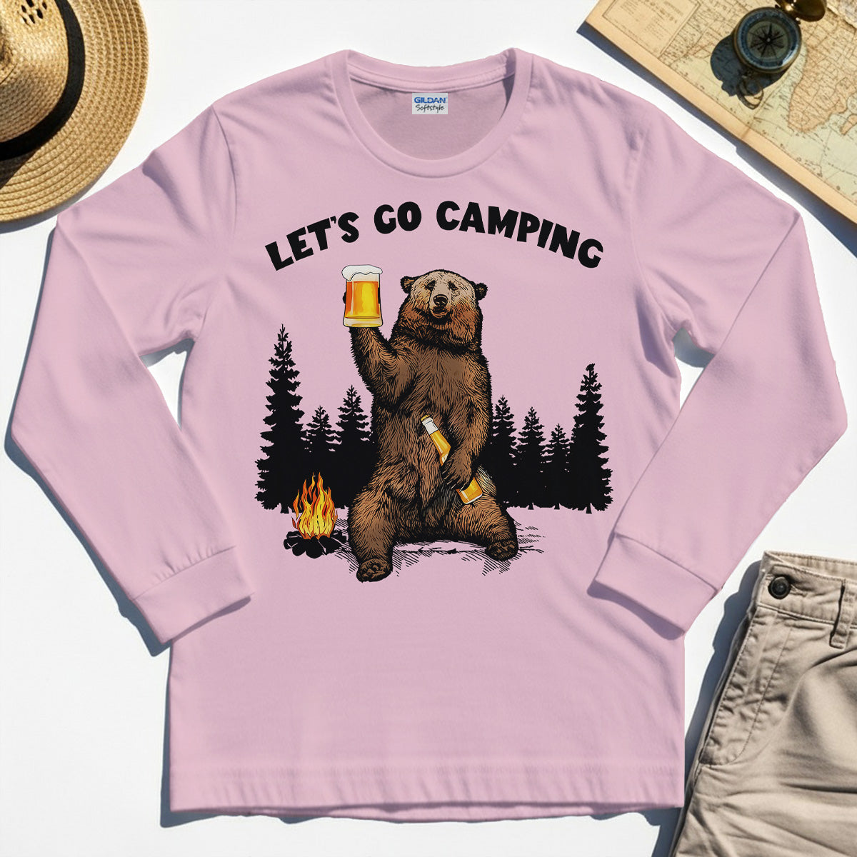 Let’s Go Camping Long Sleeve Tee, Funny Beer Drinking Bear Graphic Long Sleeve For Outdoor & Camping Lovers 5