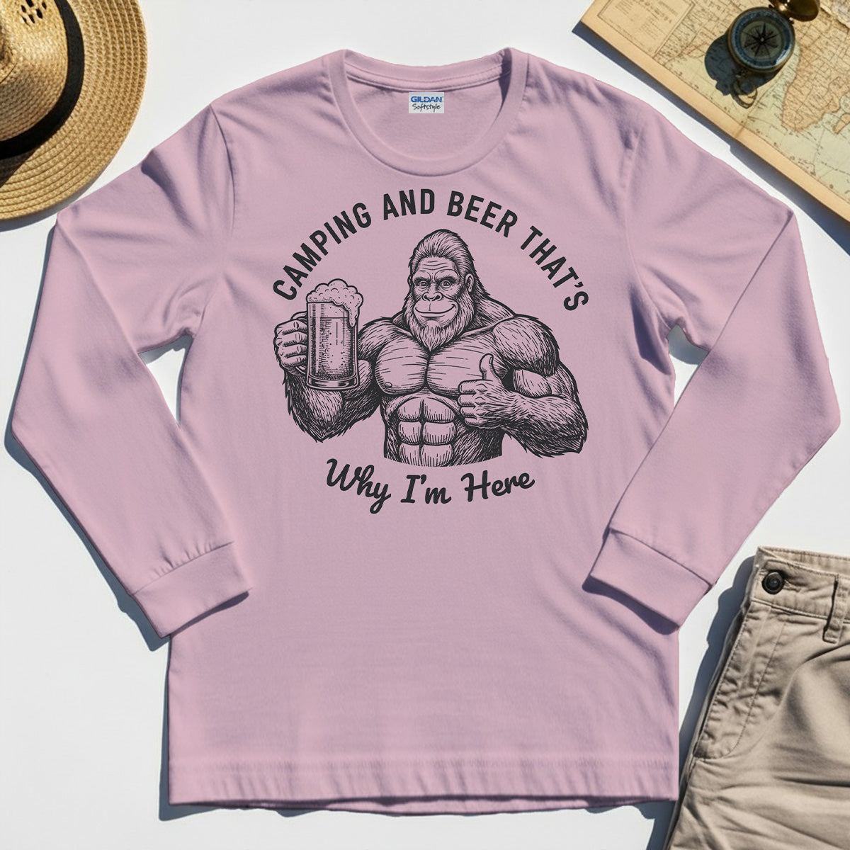 "Camping and Beer That’s Why I’m Here" Funny Bigfoot Camping Long Sleeve Tee 5