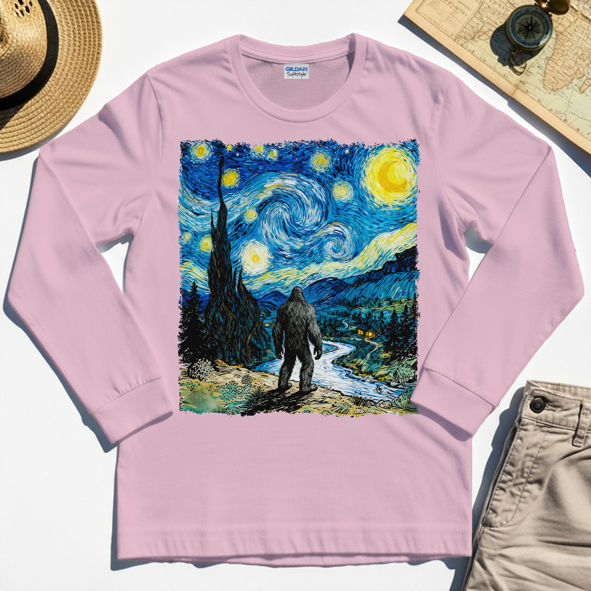 Funny Sasquatch Van Gogh Parody Long Sleeve, Bigfoot Starry Night Long Sleeve Tee 6