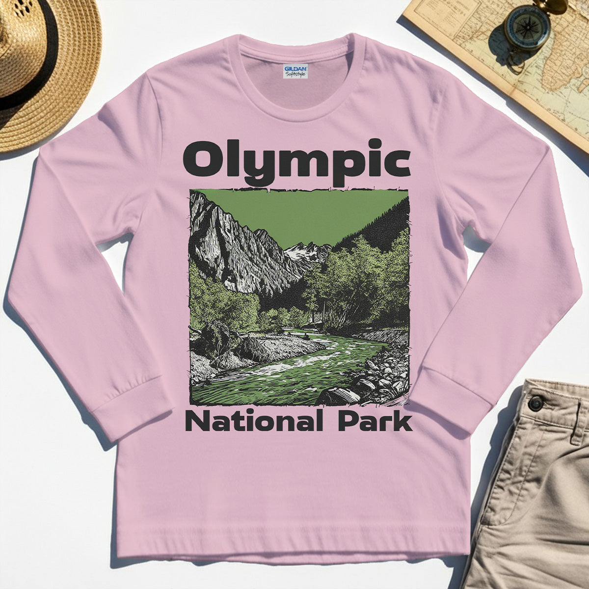 Olympic National Park Long Sleeve, Vintage Mountain River Scene Long Sleeve Tee For Outdoor Adventure Campers 6