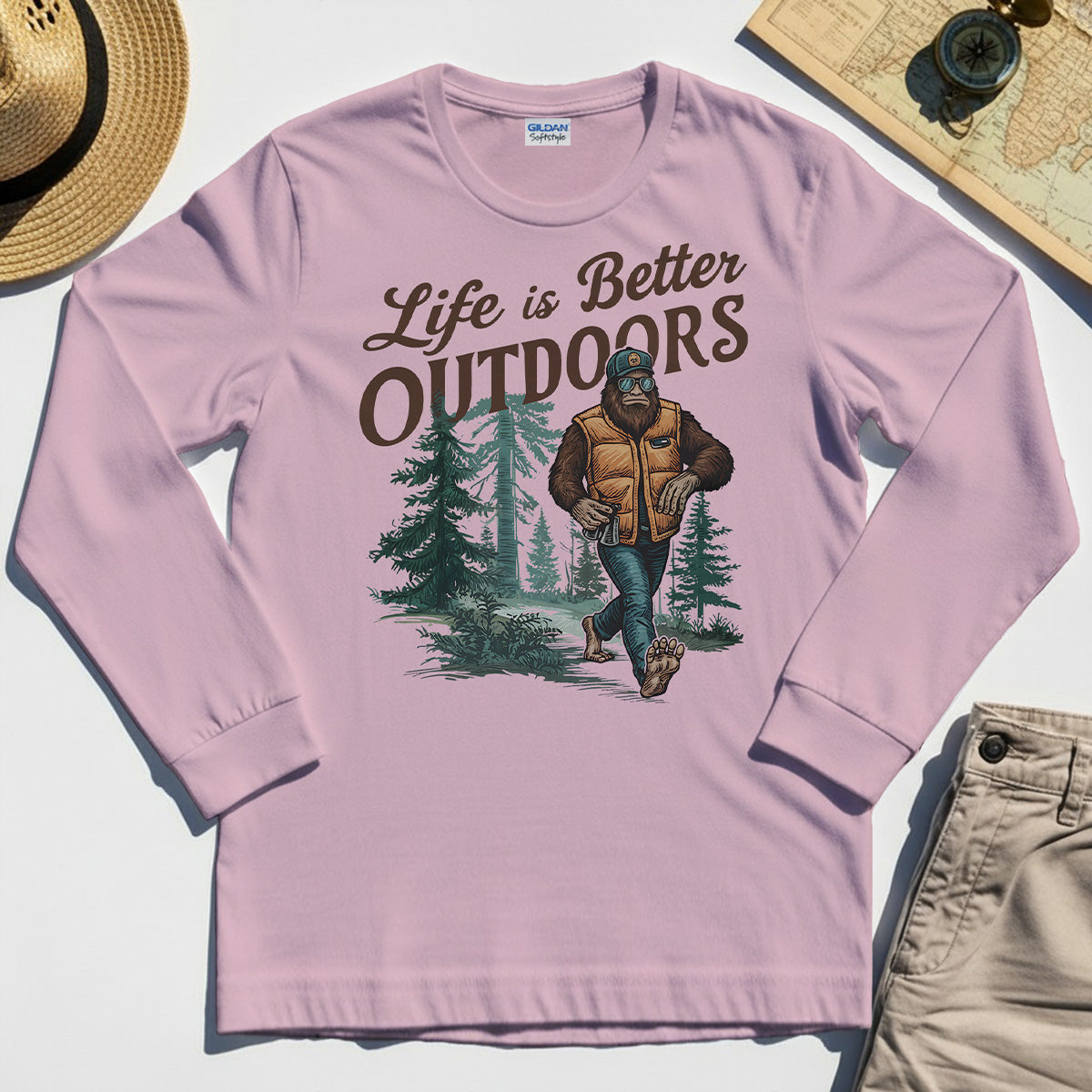 Bigfoot Life Is Better Outdoors Long Sleeve, Retro Camping Graphic Long Sleeve Tee For Outdoor Adventurers 5