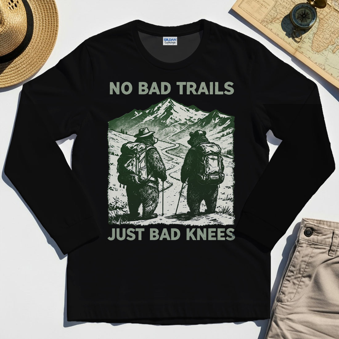 No Bad Trails Just Bad Knees Long Sleeve, Vintage Bear Backpacking Long Sleeve Tee For Campers and Outdoor Enthusiasts 1