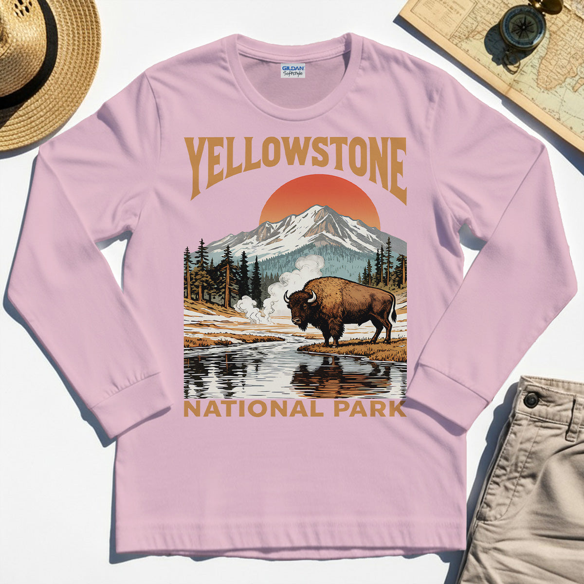 Yellowstone National Park Long Sleeve, Vintage Bison Sunset Mountain Long Sleeve Tee For Campers 6
