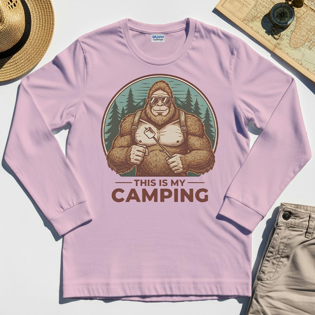 Funny Bigfoot Camping Long Sleeve Tee "This Is My Camping”, Sasquatch With Marshmallow Long Sleeve 1