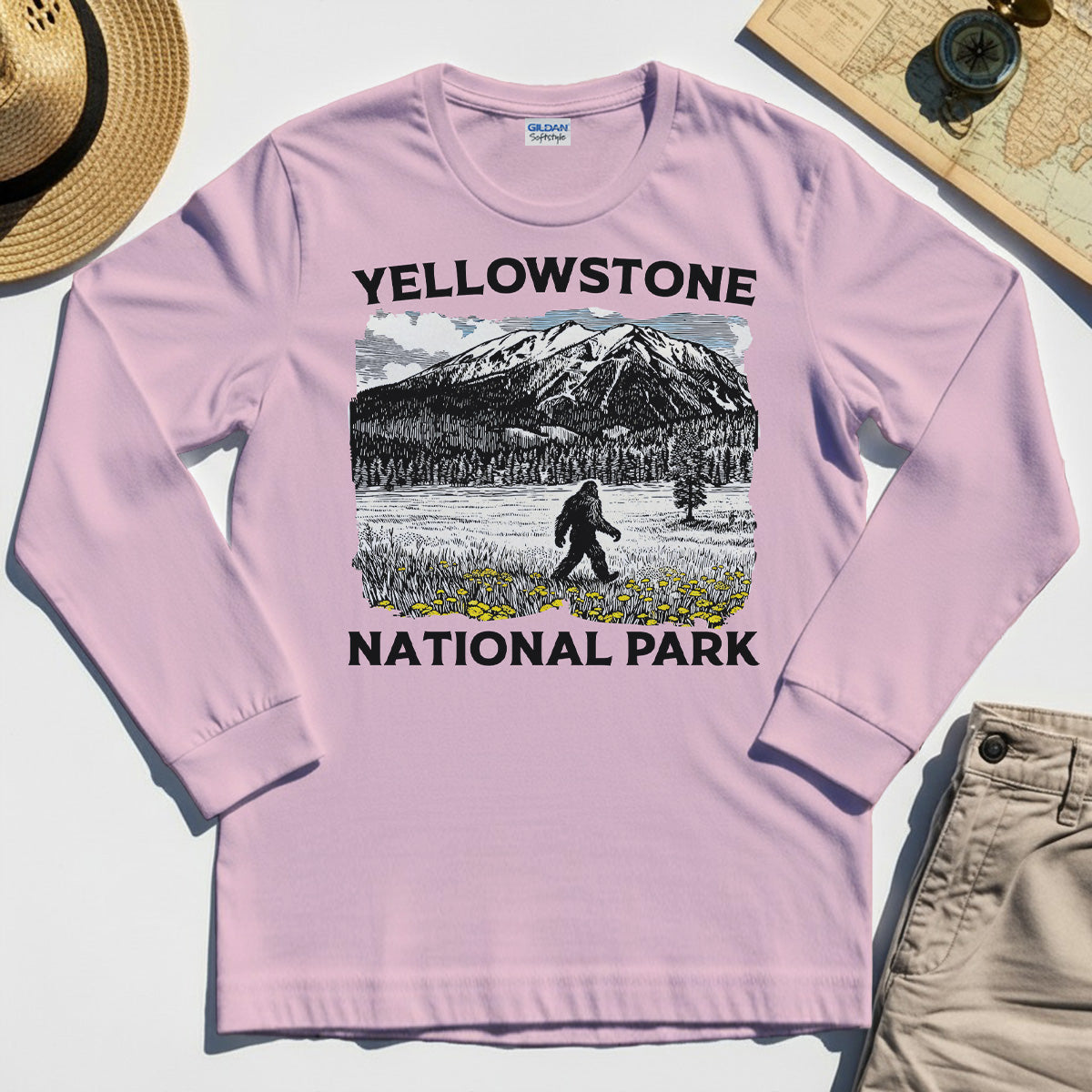 Yellowstone National Park Long Sleeve Tee, Bigfoot Hiking Graphic 6