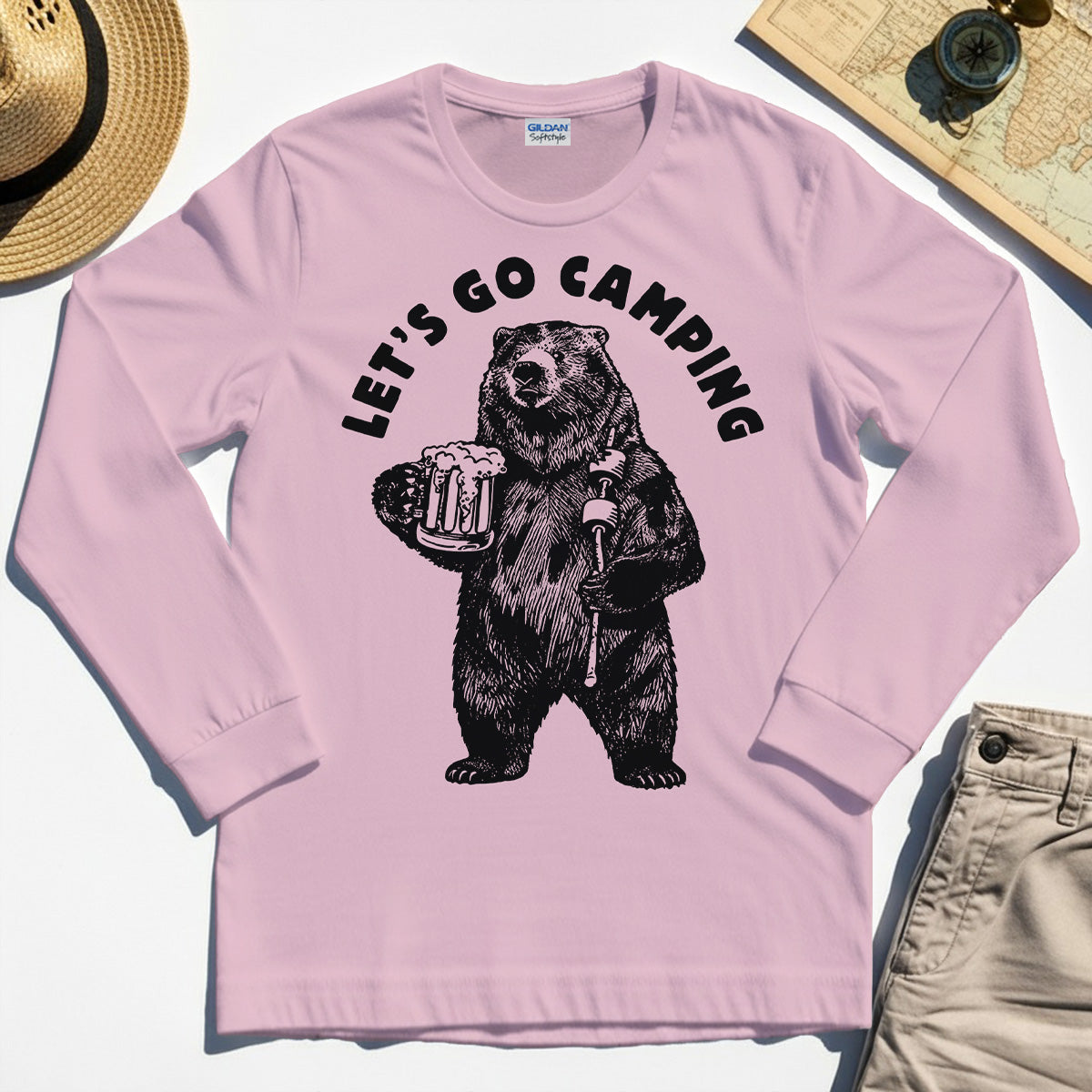 Let’s Go Camping Funny Bear Drinking Beer Long Sleeve, Beer Lover Long Sleeve Tee For Outdoor Adventure & Camping Fans 6