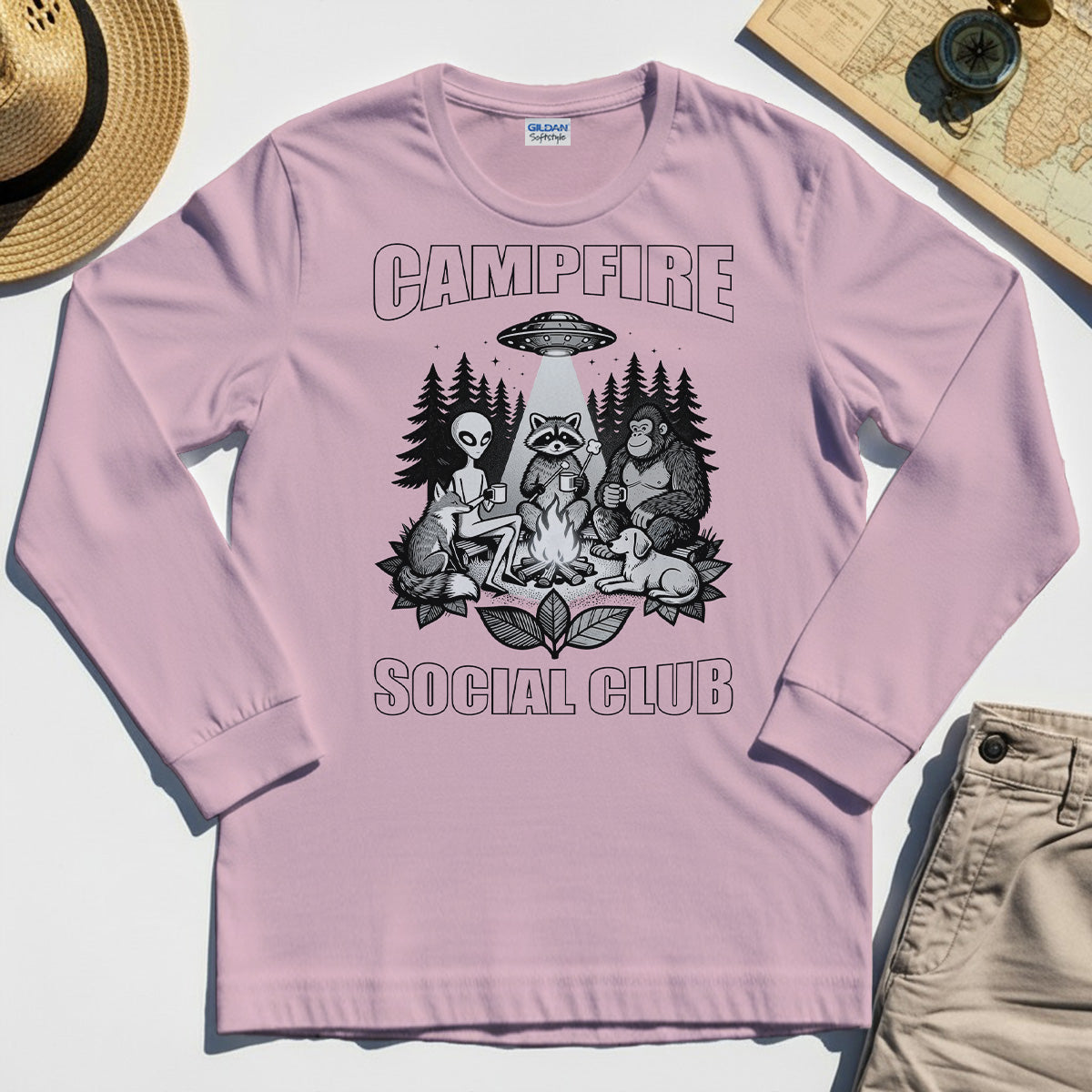 Campfire Social Club With Alien, Bigfoot, UFO And Raccoon Long Sleeve Tee 5