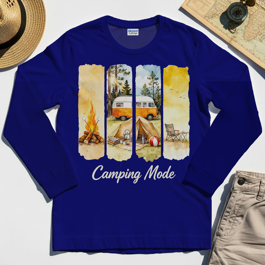 Van Life and Campfire Graphic Long Sleeve, Watercolor Campfire and Tent Graphic Long Sleeve Tee For Outdoor Lovers 1