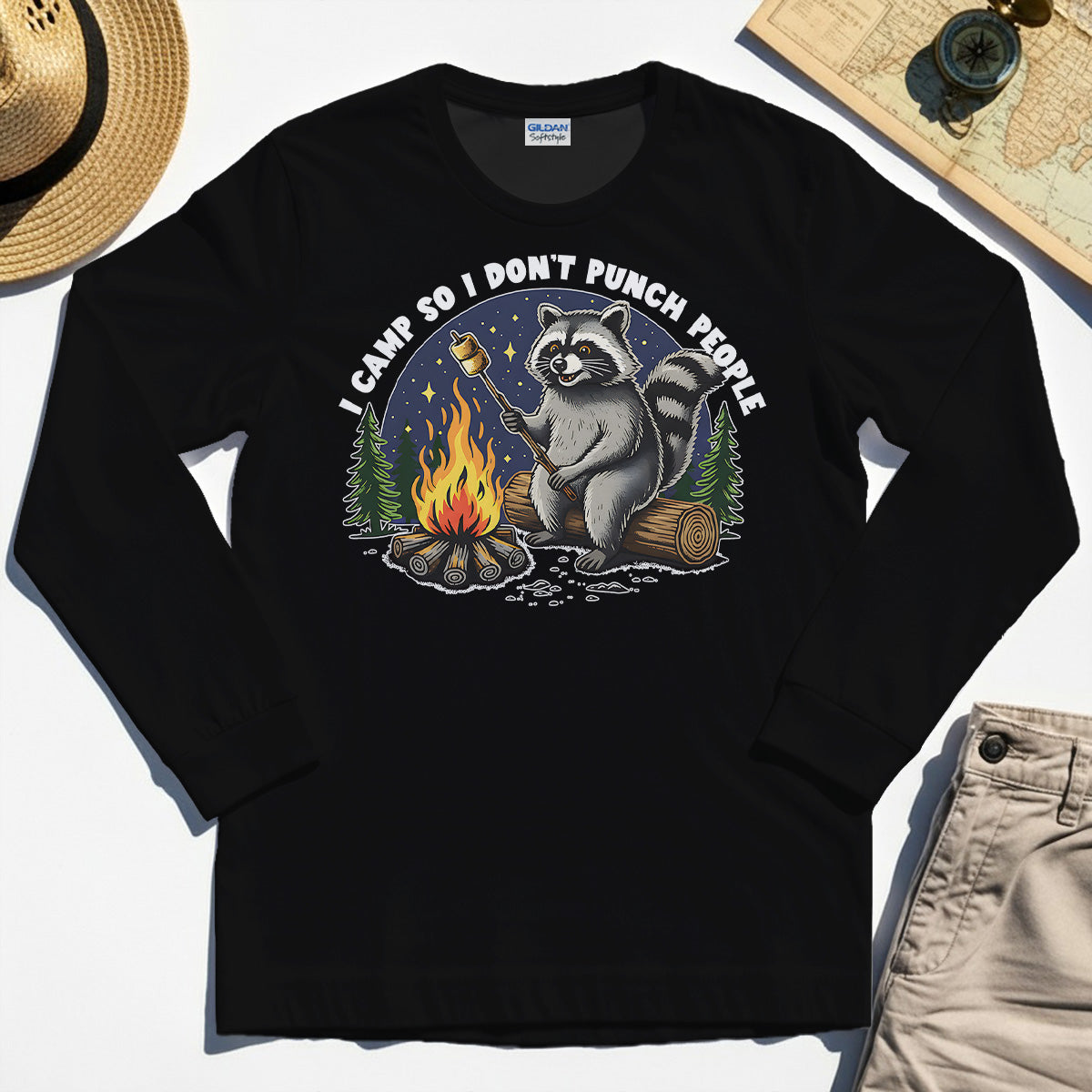 I Camp So I Don’t Punch People Long Sleeve, Funny Raccoon Marshmallow Campfire Long Sleeve Tee 2