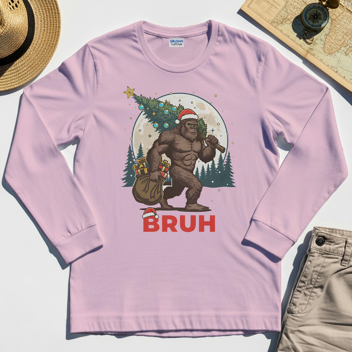 Bigfoot Christmas "BRUH" Long Sleeve, Retro Santa Hat Sasquatch Carrying Christmas Tree Long Sleeve Tee 5