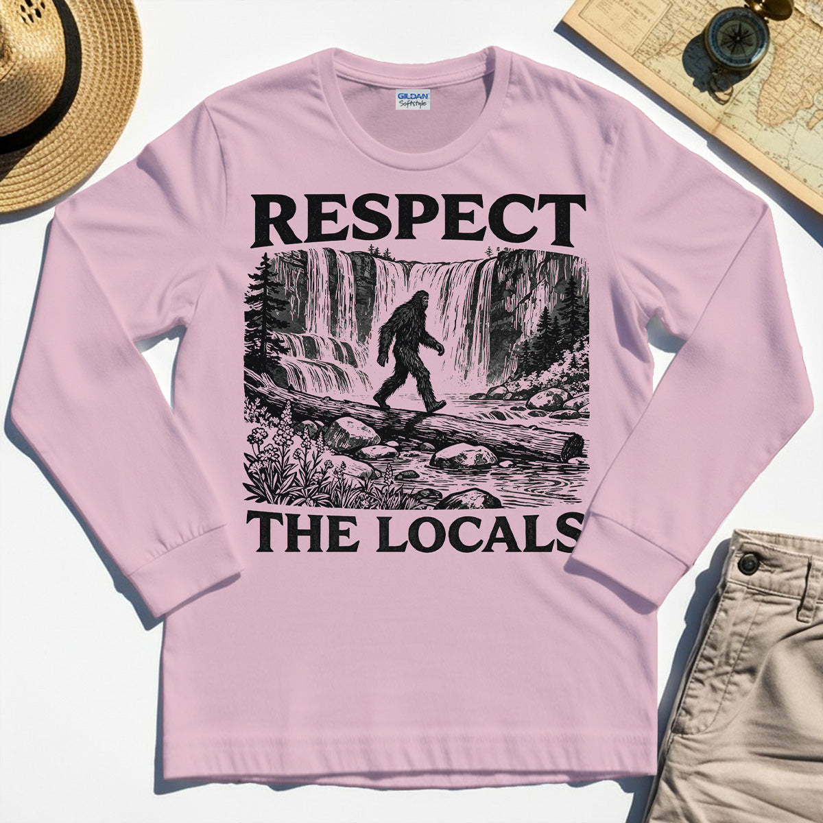 Bigfoot Respect The Locals Long Sleeve, Vintage Waterfall Hiking Graphic Long Sleeve Tee For Camper And Adventurers 5