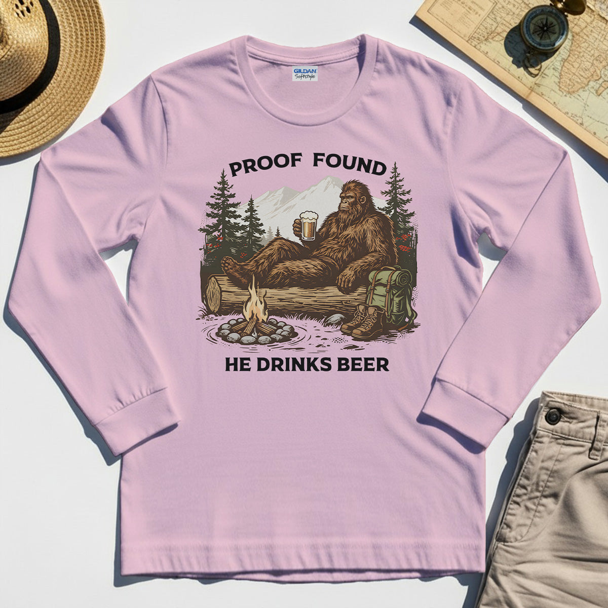 Funny Bigfoot "Proof Found He Drinks Beer" Camping Long Sleeve, Sasquatch Beer Lover Long Sleeve Tee For Campers 5