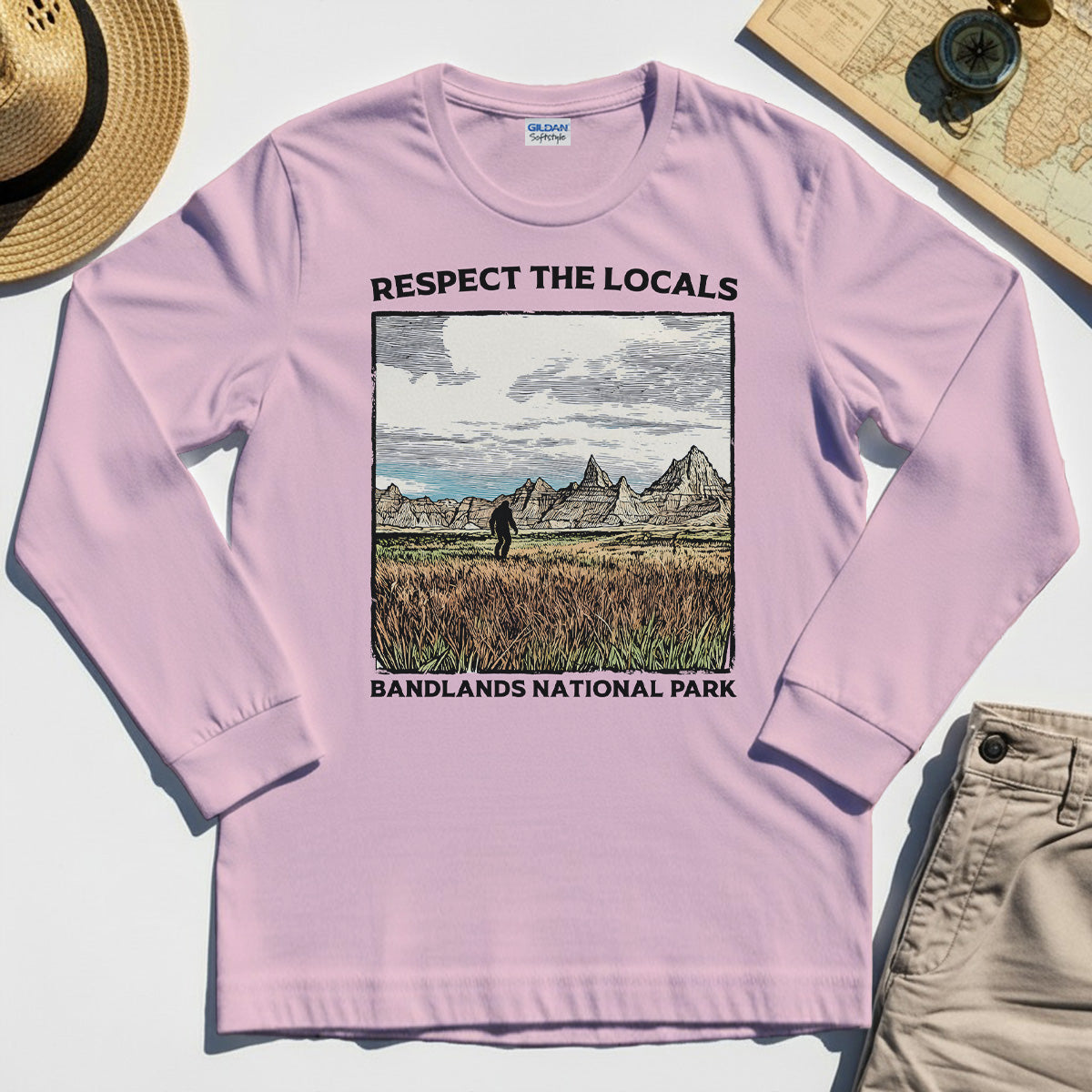 Sasquatch Respect The Locals Long Sleeve, Bigfoot Hiking Through Badlands National Park Long Sleeve Tee 6