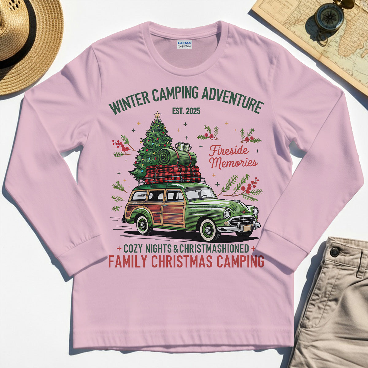 Winter Camping Adventure Long Sleeve, Retro Car with Tree Family Christmas Camping Long Sleeve Tee 6