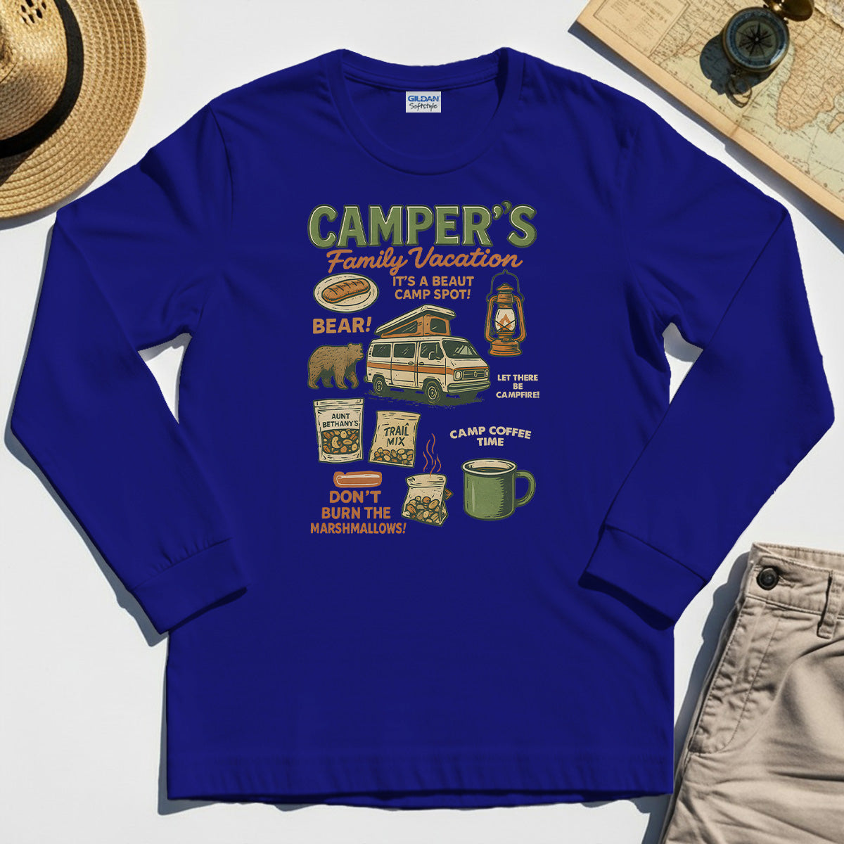 Camper’s Family Vacation Long Sleeve, Funny Outdoor Campfire Coffee Trail Mix Adventure Long Sleeve Tee 1