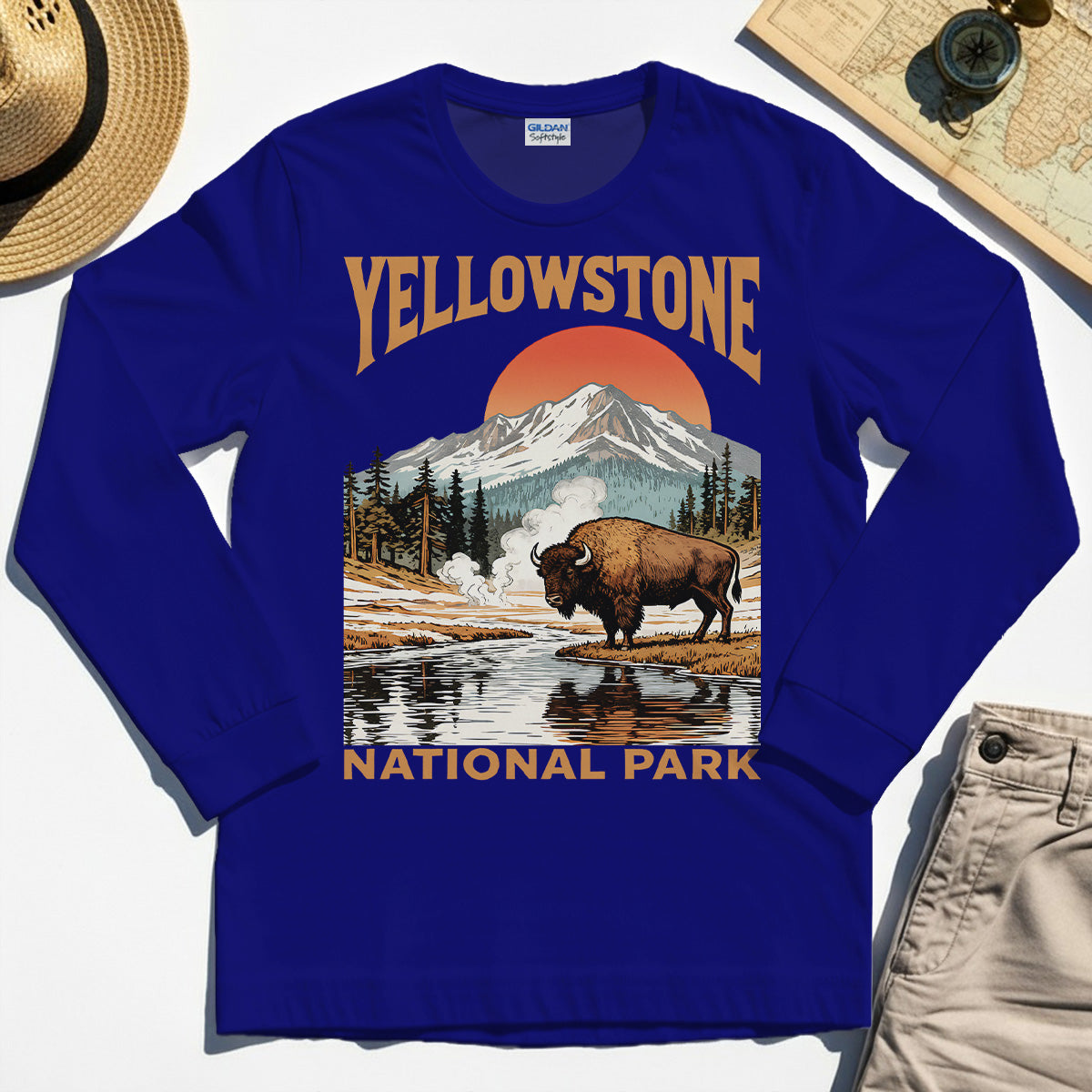 Yellowstone National Park Long Sleeve, Vintage Bison Sunset Mountain Long Sleeve Tee For Campers 1