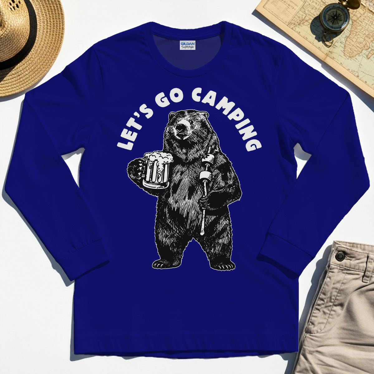 Let’s Go Camping Funny Bear Drinking Beer Long Sleeve, Beer Lover Long Sleeve Tee For Outdoor Adventure & Camping Fans 7