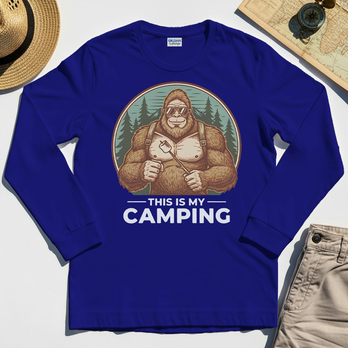 Funny Bigfoot Camping Long Sleeve Tee "This Is My Camping”, Sasquatch With Marshmallow Long Sleeve 6
