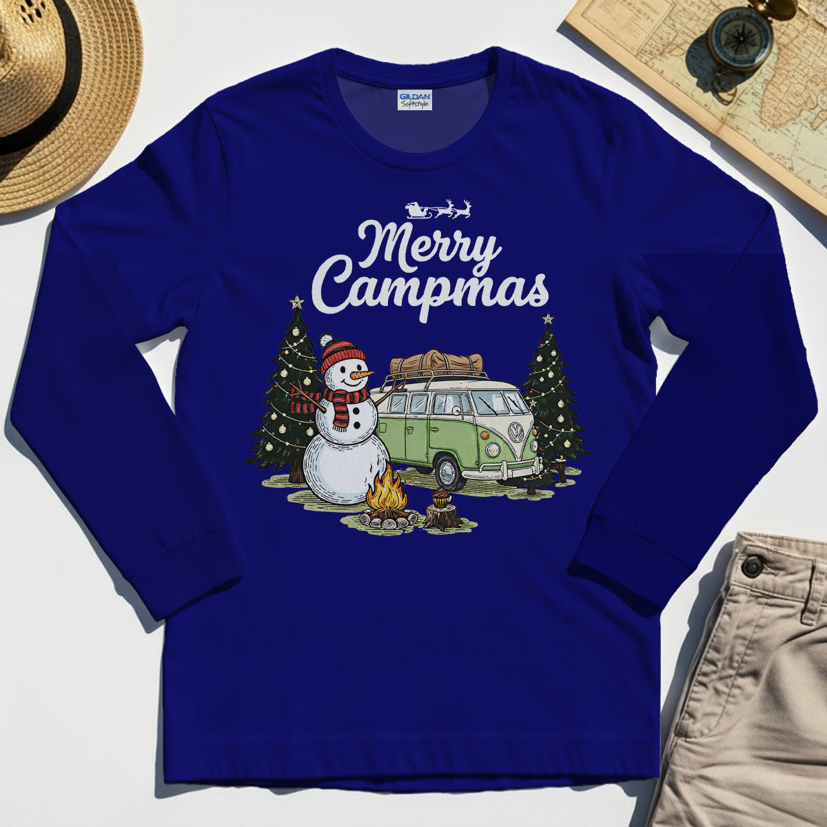 Funny Merry Christmas Camping Long Sleeve Tee, Retro Camper Van Snowman Campfire Long Sleeve For Outdoor Lovers 3