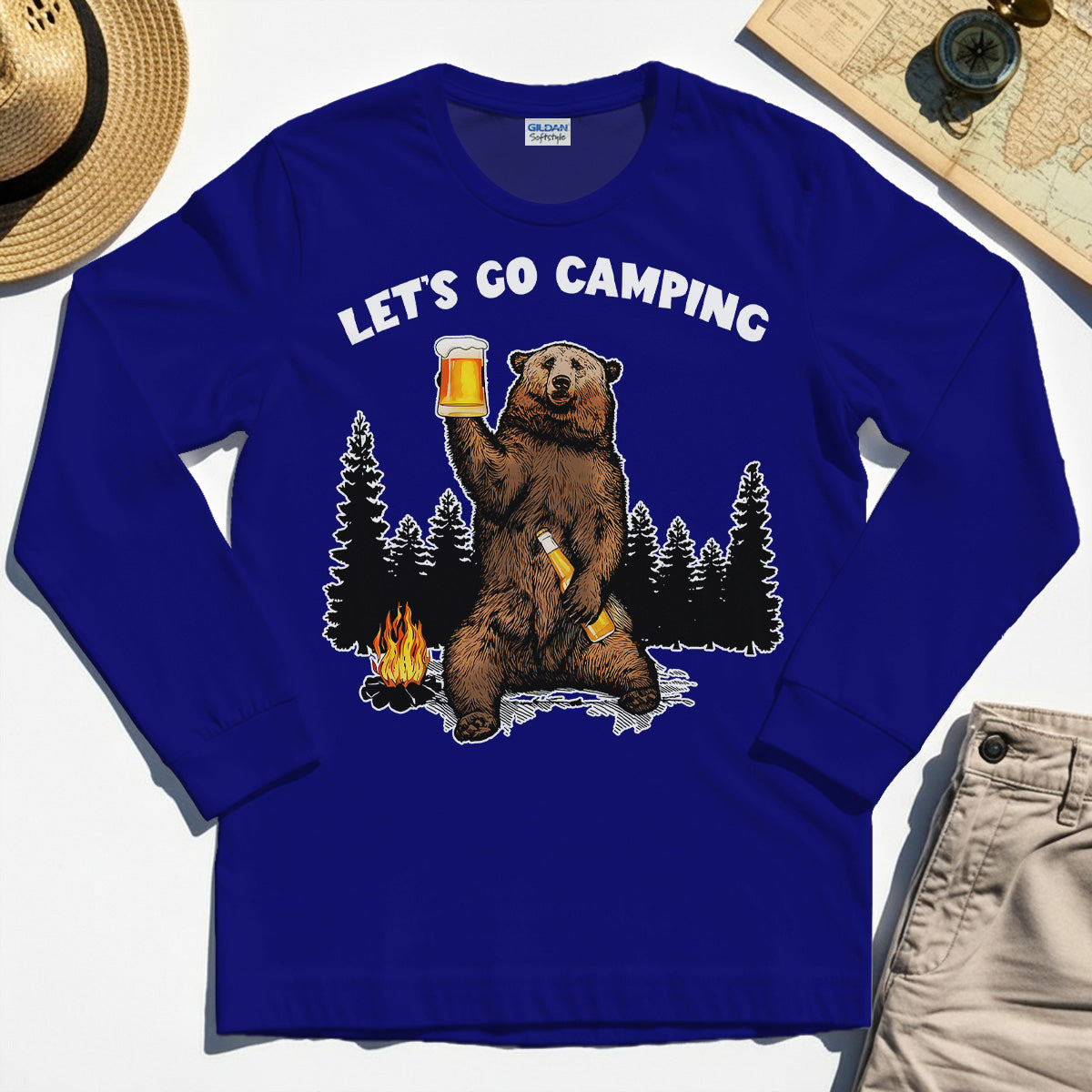 Let’s Go Camping Long Sleeve Tee, Funny Beer Drinking Bear Graphic Long Sleeve For Outdoor & Camping Lovers 6