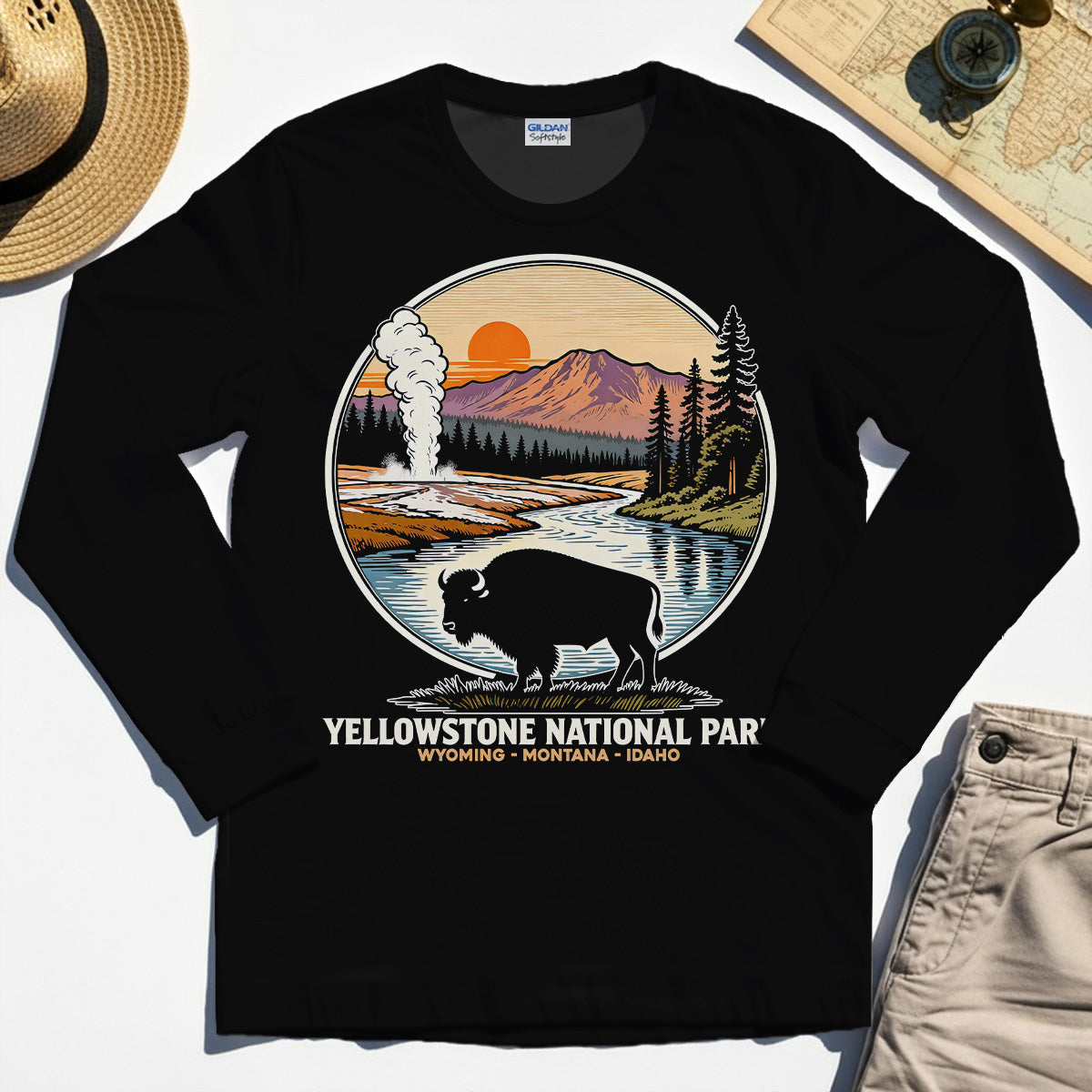 Retro Yellowstone National Park Long Sleeve, Bison Silhouette Outdoor Adventure Long Sleeve Tee For Nature Campers 2