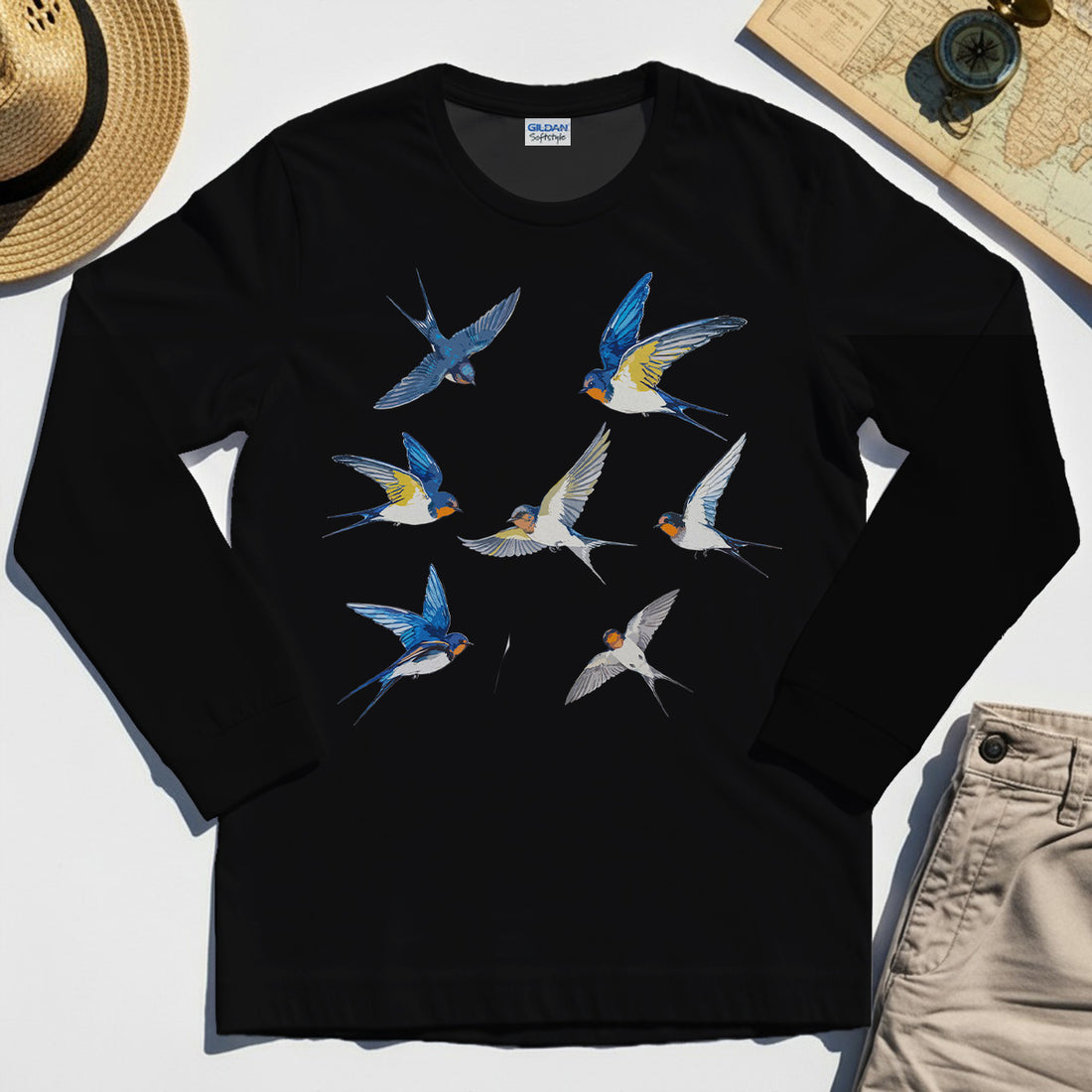 Elegant Flying Swallows Long Sleeve Tees , Minimalist Wildlife Camping Graphic Long Sleeve Gift For Nature Campers 1