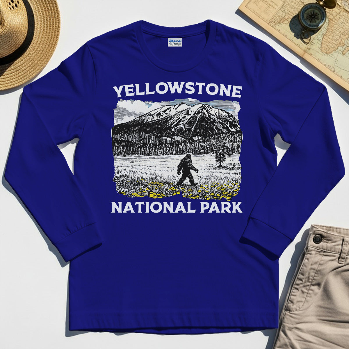 Yellowstone National Park Long Sleeve Tee, Bigfoot Hiking Graphic 1