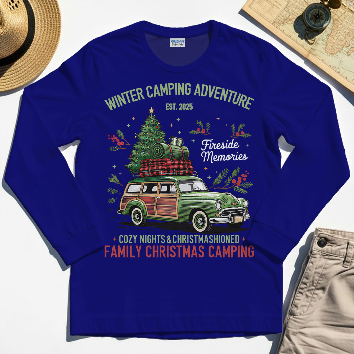 Winter Camping Adventure Long Sleeve, Retro Car with Tree Family Christmas Camping Long Sleeve Tee 7