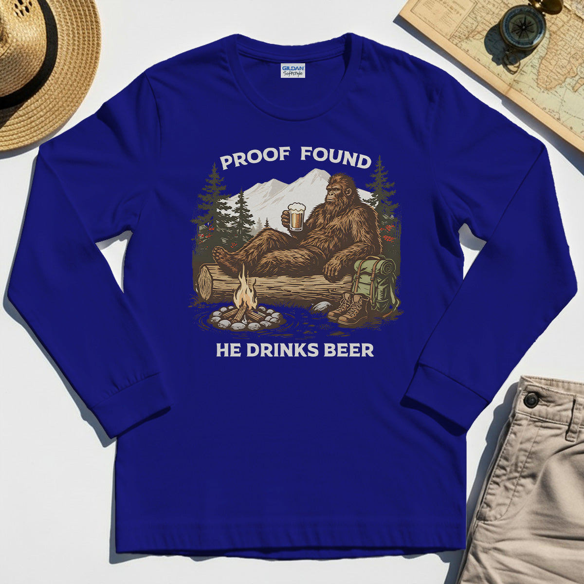 Funny Bigfoot "Proof Found He Drinks Beer" Camping Long Sleeve, Sasquatch Beer Lover Long Sleeve Tee For Campers 6