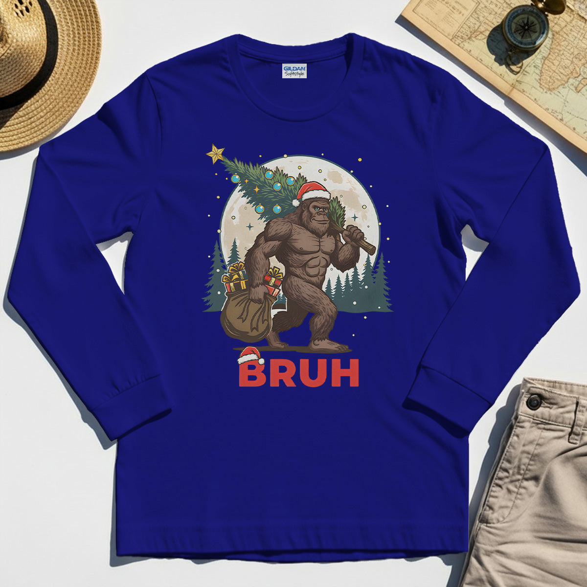 Bigfoot Christmas "BRUH" Long Sleeve, Retro Santa Hat Sasquatch Carrying Christmas Tree Long Sleeve Tee 6