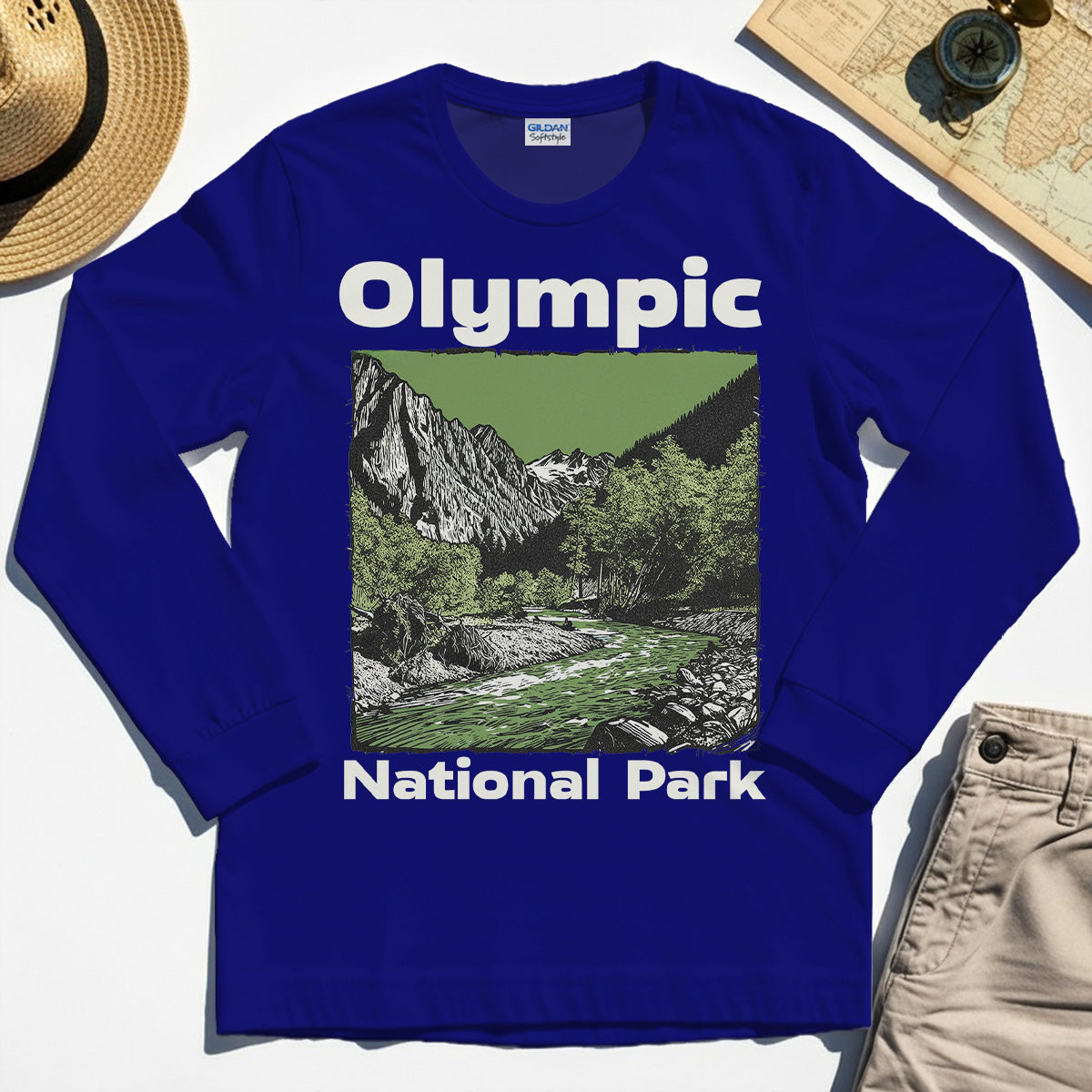 Olympic National Park Long Sleeve, Vintage Mountain River Scene Long Sleeve Tee For Outdoor Adventure Campers 7