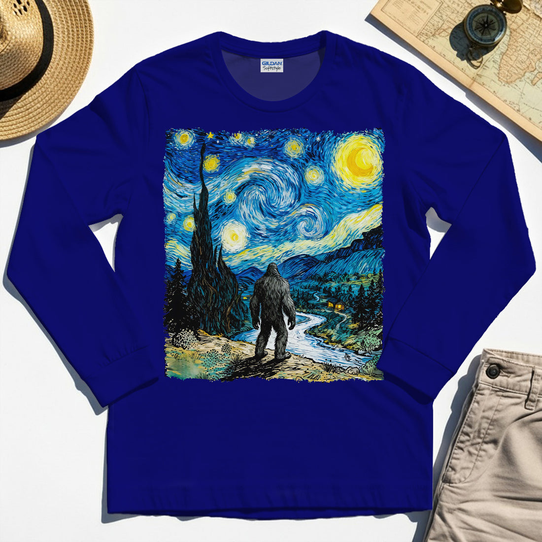 Funny Sasquatch Van Gogh Parody Long Sleeve, Bigfoot Starry Night Long Sleeve Tee 1