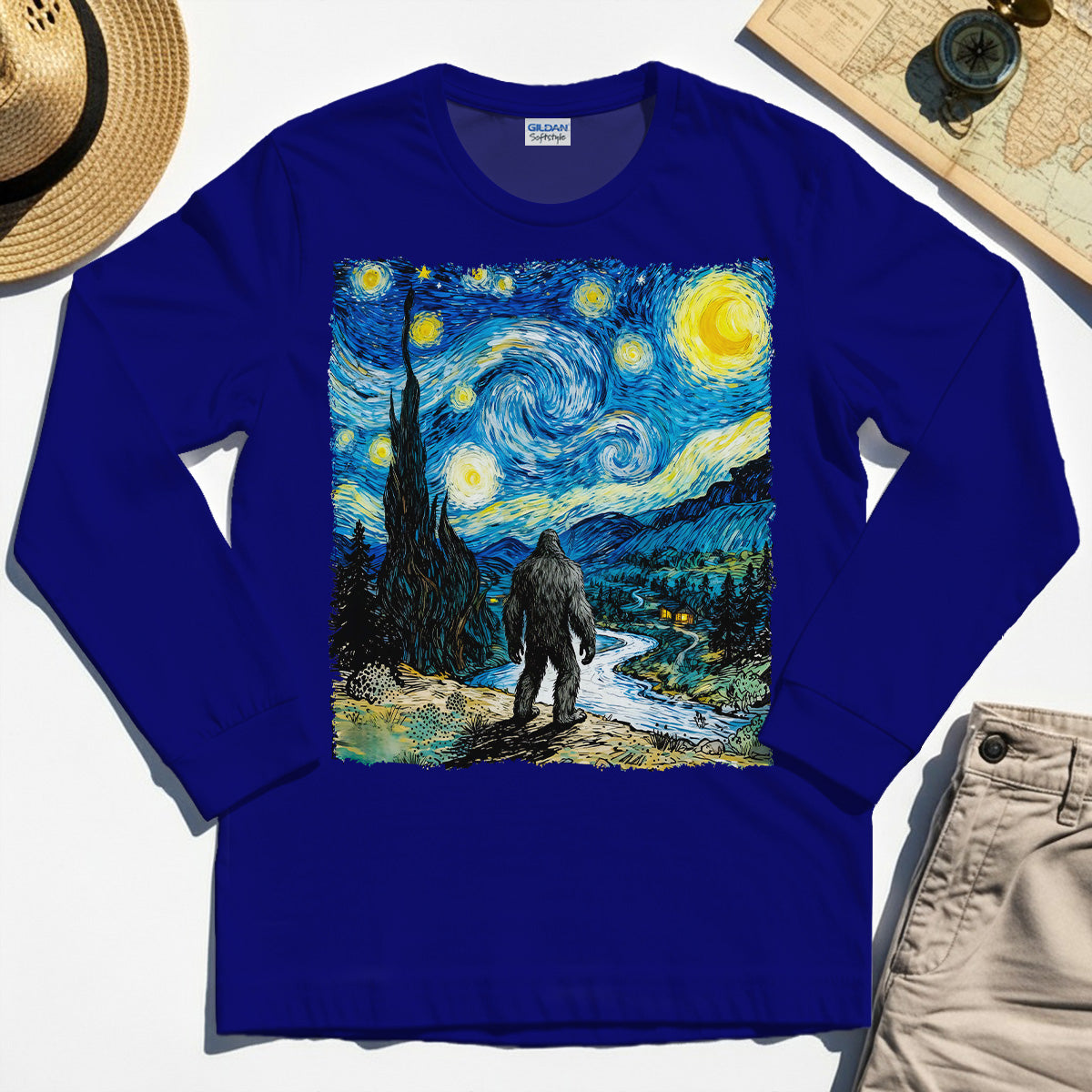 Funny Sasquatch Van Gogh Parody Long Sleeve, Bigfoot Starry Night Long Sleeve Tee 1
