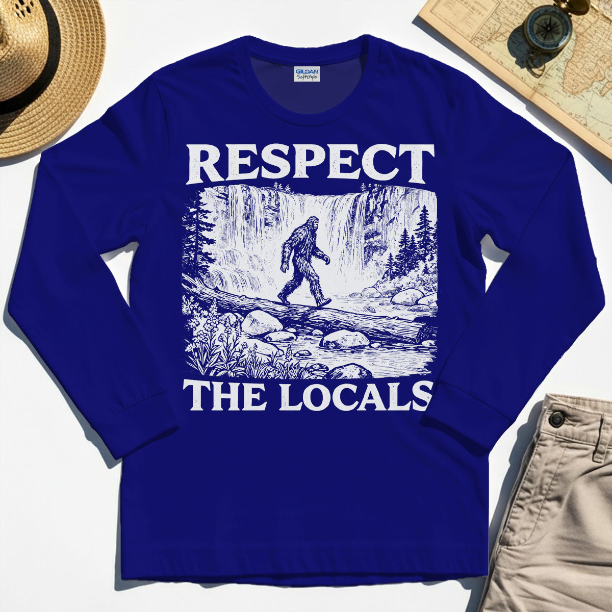 Bigfoot Respect The Locals Long Sleeve, Vintage Waterfall Hiking Graphic Long Sleeve Tee For Camper And Adventurers 6