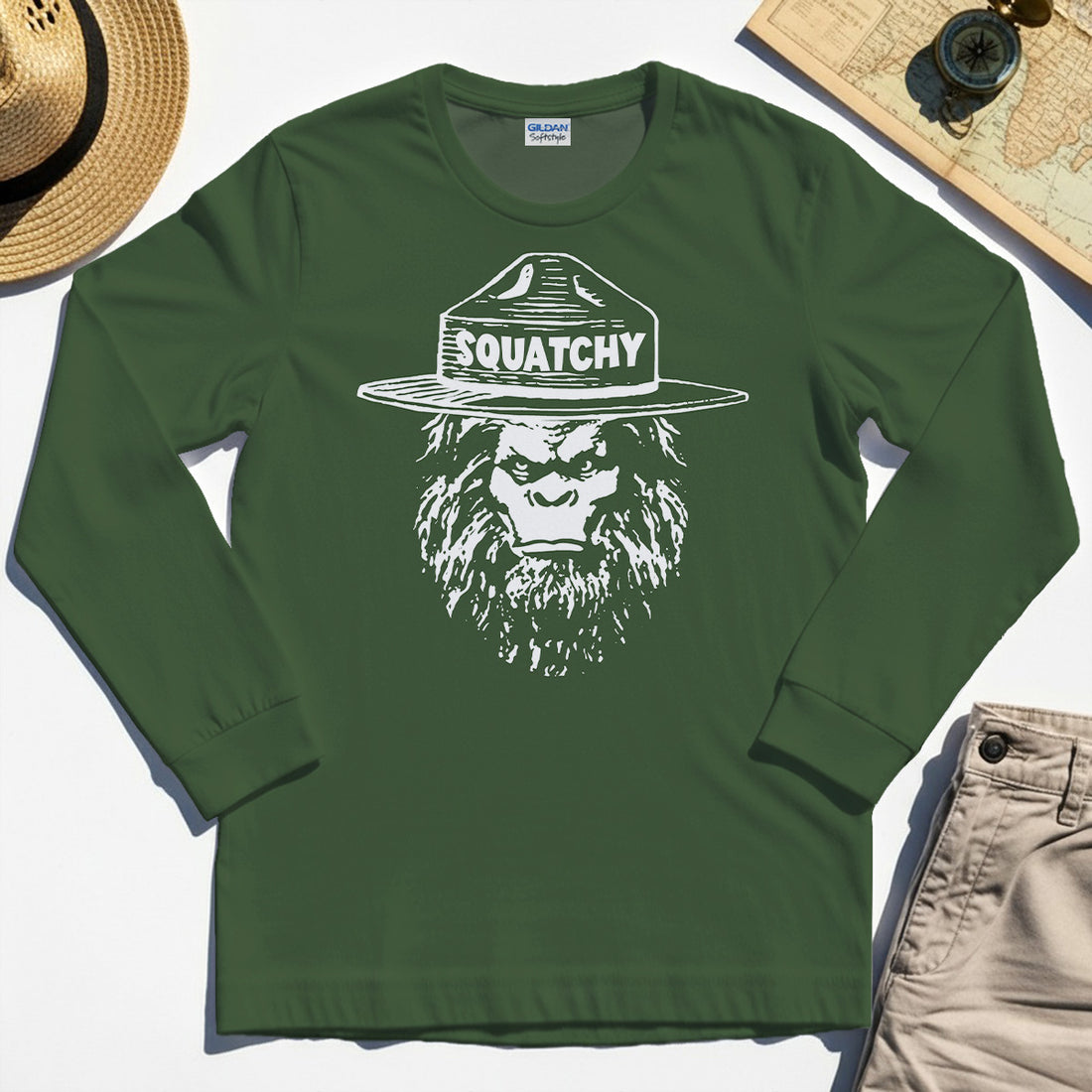 Sasquatch "SQUATCHY" Funny Bigfoot Long Sleeve, Retro Line Art Bigfoot Face Long Sleeve Tee For Camping Lovers 1