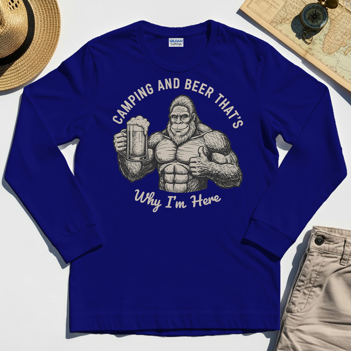 "Camping and Beer That’s Why I’m Here" Funny Bigfoot Camping Long Sleeve Tee 6
