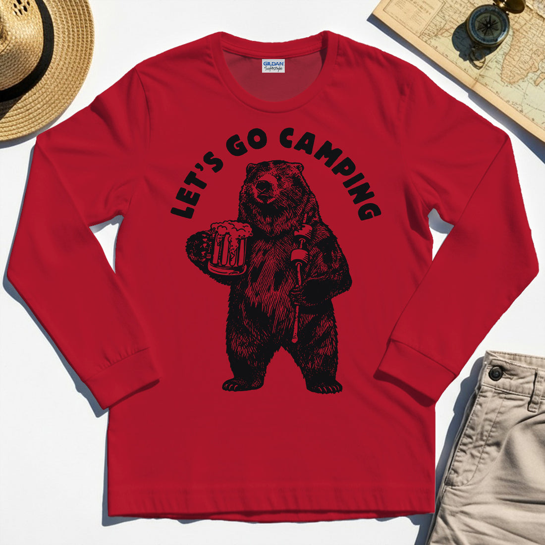 Let’s Go Camping Funny Bear Drinking Beer Long Sleeve, Beer Lover Long Sleeve Tee For Outdoor Adventure & Camping Fans 1