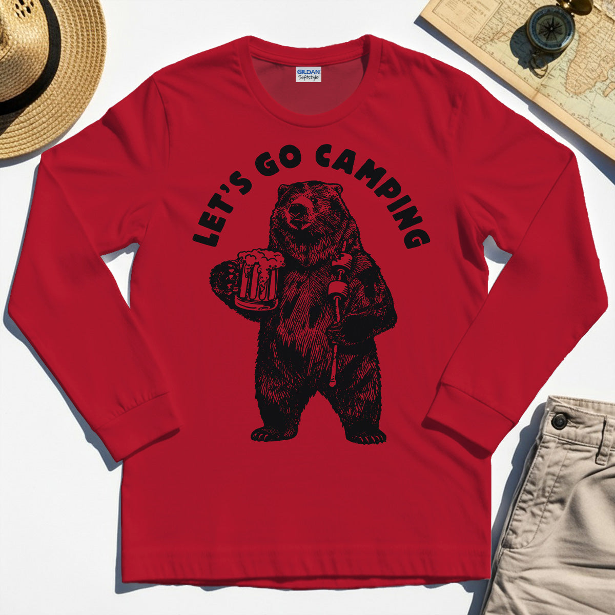 Let’s Go Camping Funny Bear Drinking Beer Long Sleeve, Beer Lover Long Sleeve Tee For Outdoor Adventure & Camping Fans 1