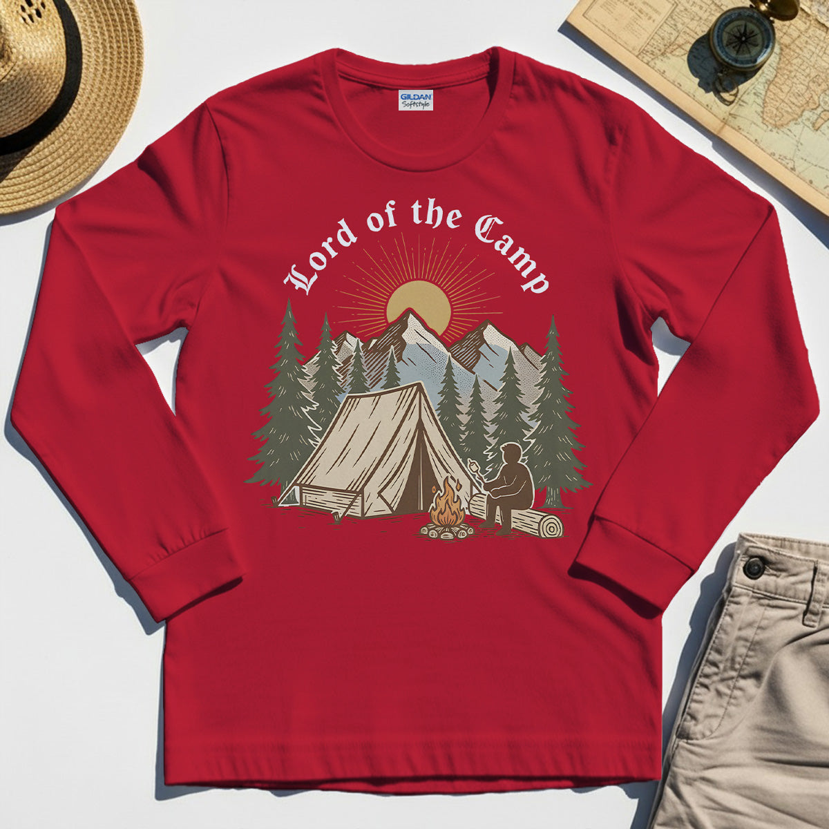 Vintage Lord of the Camp Campfire Long Sleeve, Tent And Campfire Mountain Scene Long Sleeve Tee 7