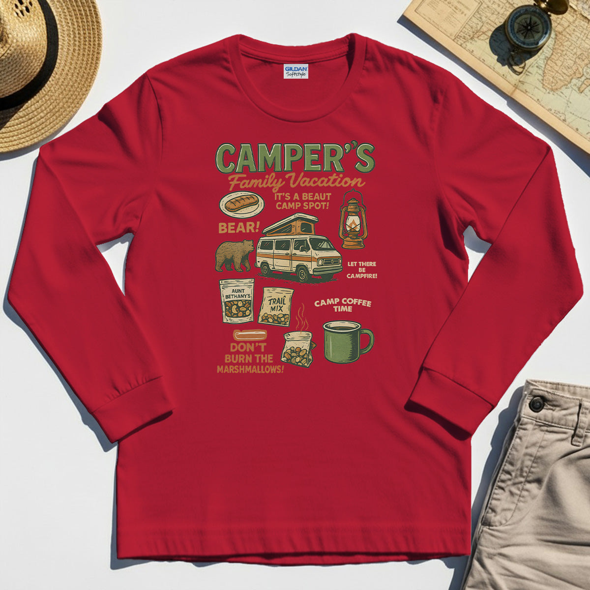 Camper’s Family Vacation Long Sleeve, Funny Outdoor Campfire Coffee Trail Mix Adventure Long Sleeve Tee 7