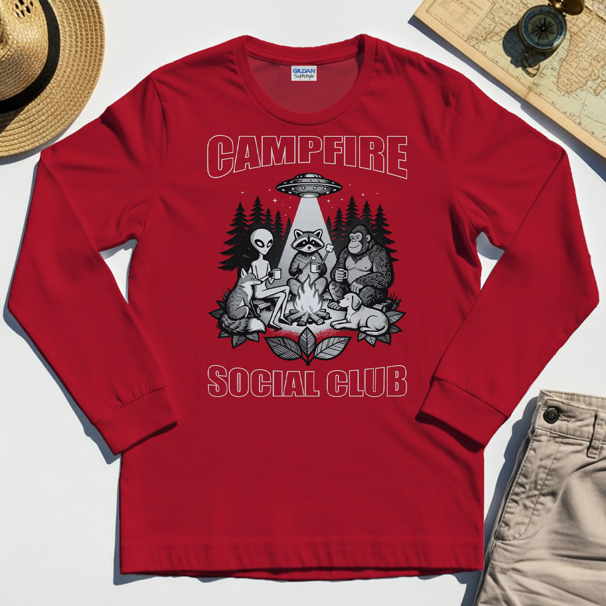 Campfire Social Club With Alien, Bigfoot, UFO And Raccoon Long Sleeve Tee 7