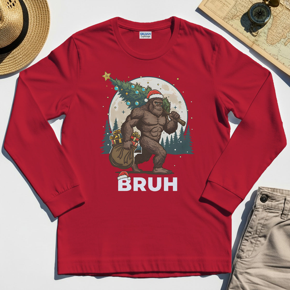 Bigfoot Christmas "BRUH" Long Sleeve, Retro Santa Hat Sasquatch Carrying Christmas Tree Long Sleeve Tee 7