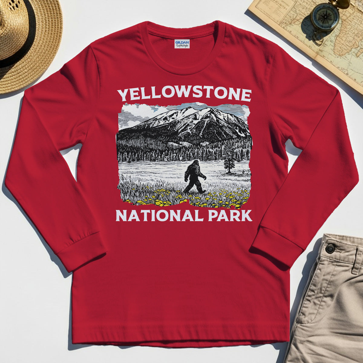 Yellowstone National Park Long Sleeve Tee, Bigfoot Hiking Graphic 7